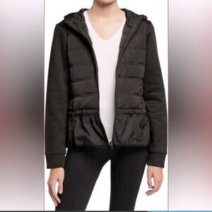 BCBG Maxazria Women Puffer Peplum Jacket Black Hooded  Cinch Activewear Size M